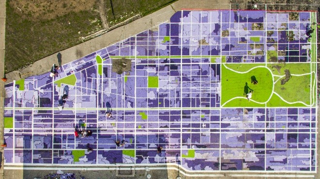 An arial shot of a map of the Bronzeville neighborhood, colored in purples and greens.