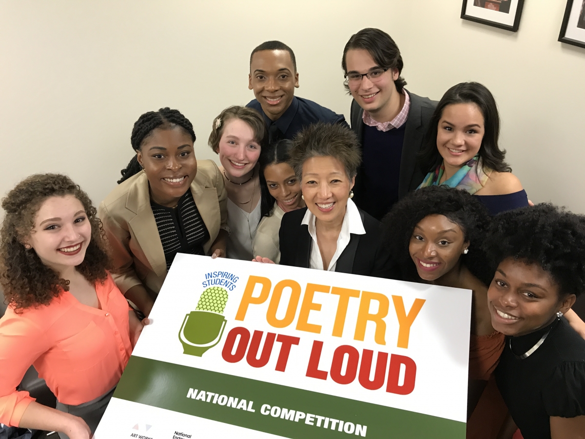 Poetry Out Loud finalists including Maddie Lukomski (far left) with NEA Chairman Jane Chu. 