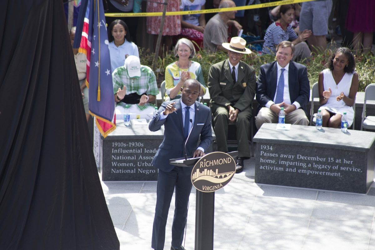 Richmond Mayor Levar Stoney speaks at the unveiling of the Maggie L. Walker monument. Photo by John DiJulio, Oakwood Arts.