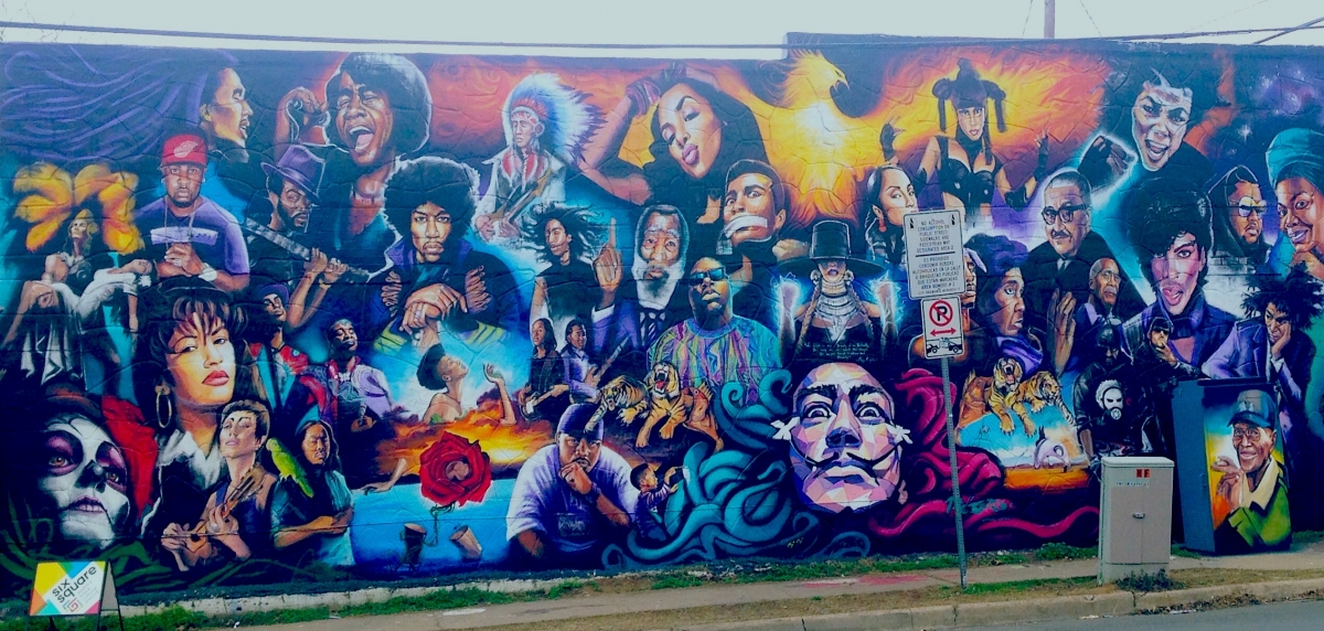 Mural reanimation project by Six Square – Austin’s Black Cultural District. Art by Chris Rogers, photo by Sarah Rucker, 2018.