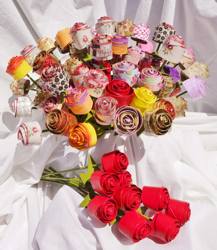 Roses made from scavenged materials.