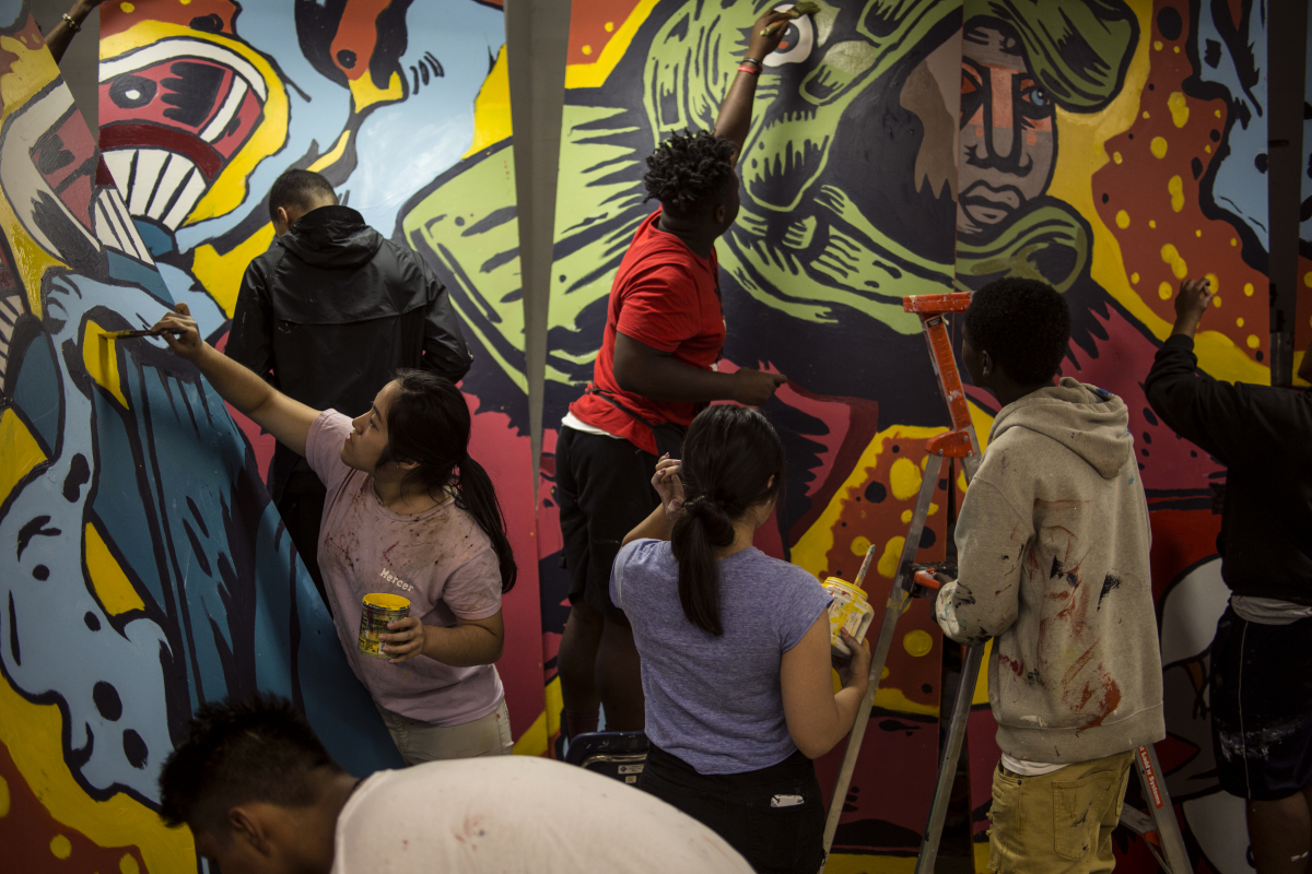 Urban Artworks, Youth painting mural, photo by Austin Wilson