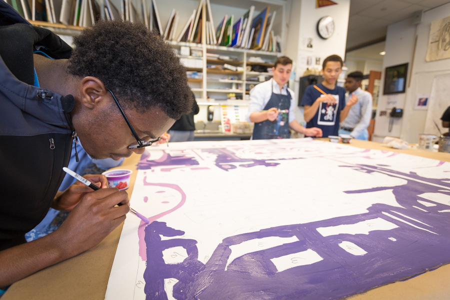 Students at The Haverford School paint panels for Dreams, Diaspora, and Destiny. Photo by Steve Weinik.
