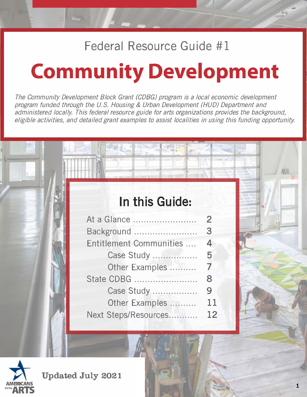 A thumnail cover image of the Community Development guide, featuring an image of a large garage space with artists working on a project on the ground