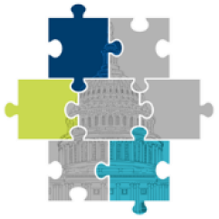 A collection of puzzle pieces put together, with the colors of the corrosponding legislation colored in (others are grayed out): PLACE, CERA, and AEFA