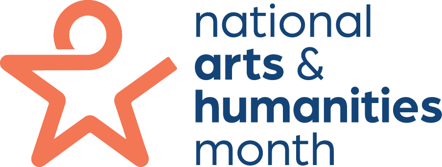 Logo with orange star icon and four stacked lines of blue text beside it reading 'National Arts & Humanities Month'