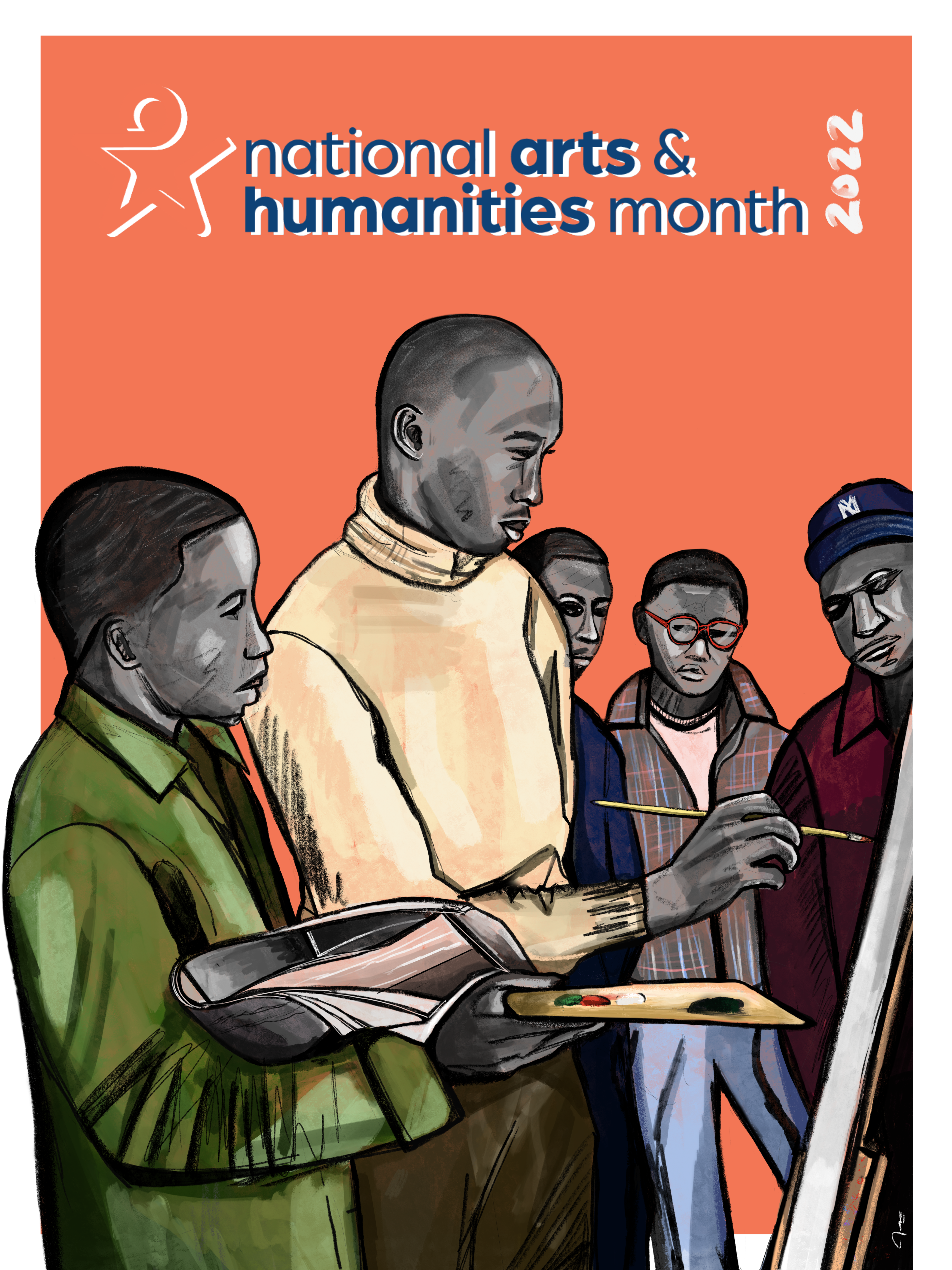 Painting of a young person painting. Four other young people look on. 'National Arts & Humanities Month 2022'.