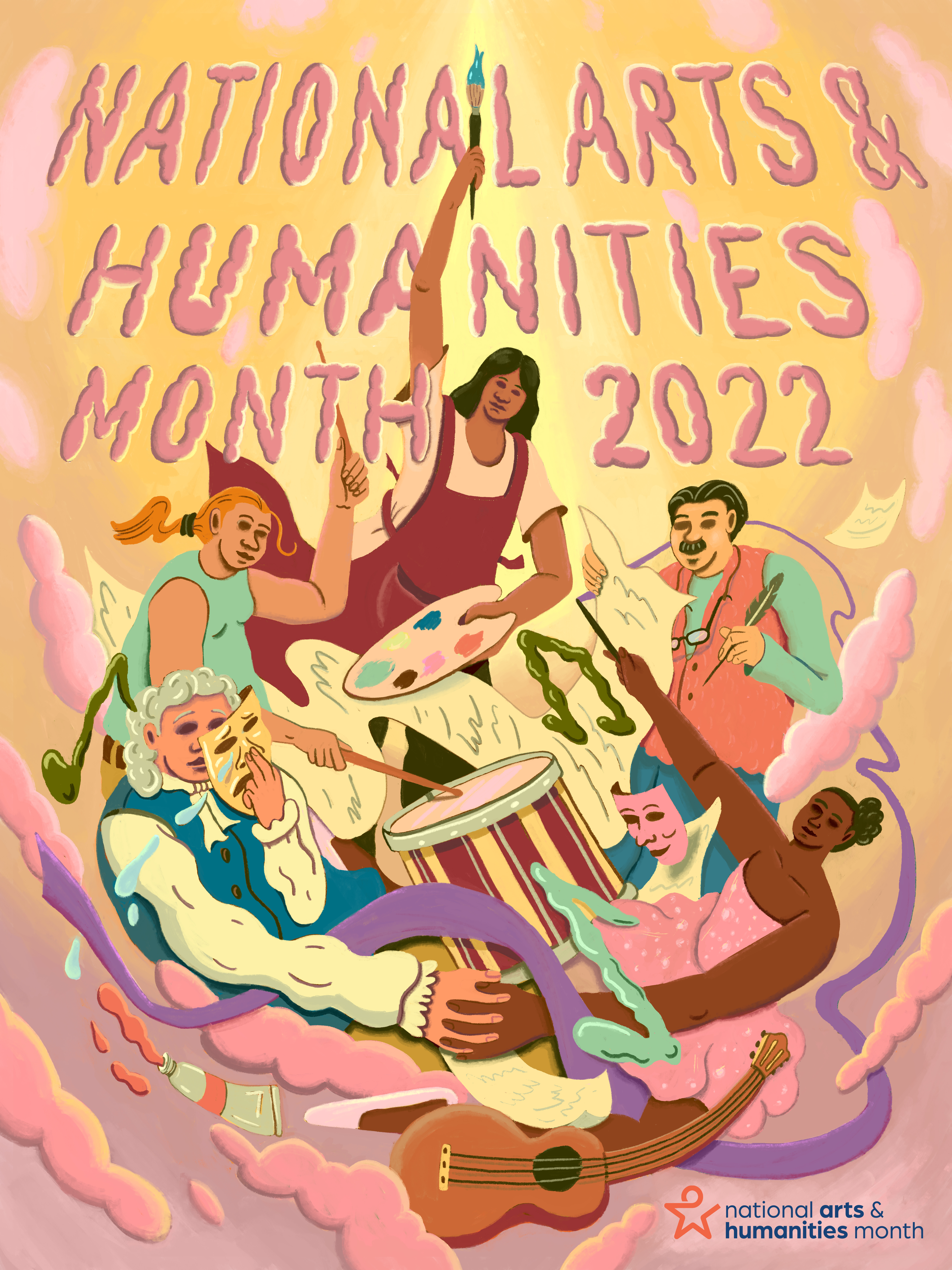 Drawing of people creating art, music, and drama surrounded by pink clouds. 'National Arts & Humanities Month 2022.'