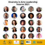 A graphic that reads "Diversity in Arts Leadership Interns 2021" and shows photos of the 25 interns and sponsor and partner logos.