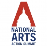 Outline of U.S. Capitol dome with dark blue letters underneath that read, National Arts Action Summit
