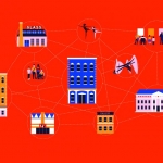 A graphic illustration featuring various buildings, sculptures, and groups of people against a red background.