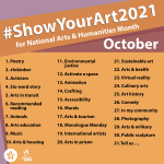 A text graphic listing all 31 themes for the Show Your Art Instagram challenge