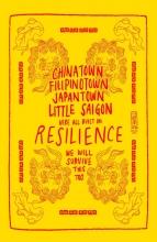 Four simple line drawings of lion heads frame the inscription: “Chinatown Filipinotown Japantown Little Saigon / were all built on Resilience / We will survive this too.”