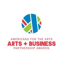 Blue, green, and red strips of varying thickness form a circle over red text that reads "Americans for the Arts Arts + Business Partnership Awards"
