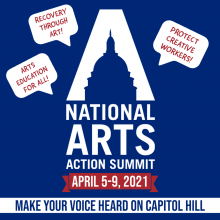 It’s the National Arts Action Summit logo (which resembles the letter A and the Capitol dome) surrounded by speech bubbles representing messages from arts advocates: “Recovery Through Art!” “Protect Creative Workers!” and “Arts Education For All!”