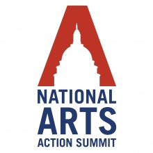 Outline of U.S. Capitol dome with dark blue letters underneath that read, National Arts Action Summit